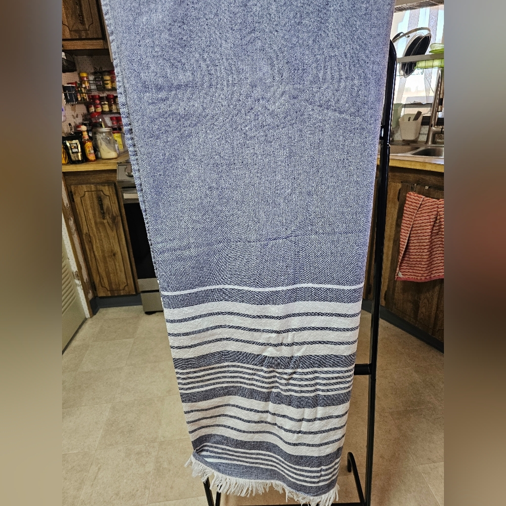 Blue & White Striped Fabric Shower Curtain 64" L x 68" W Fringed Hem Coastal EUC